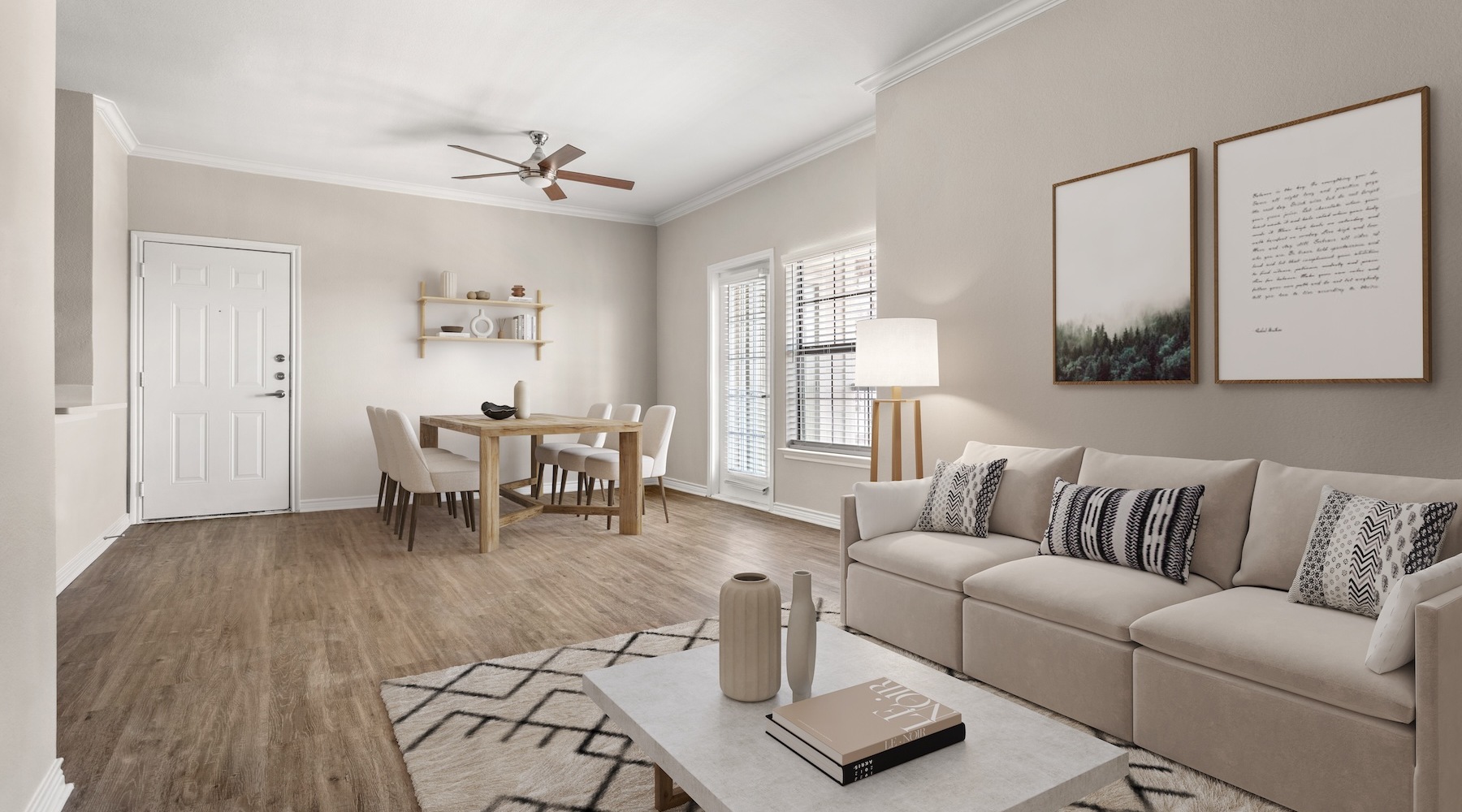 living room with a large window and open spaces
